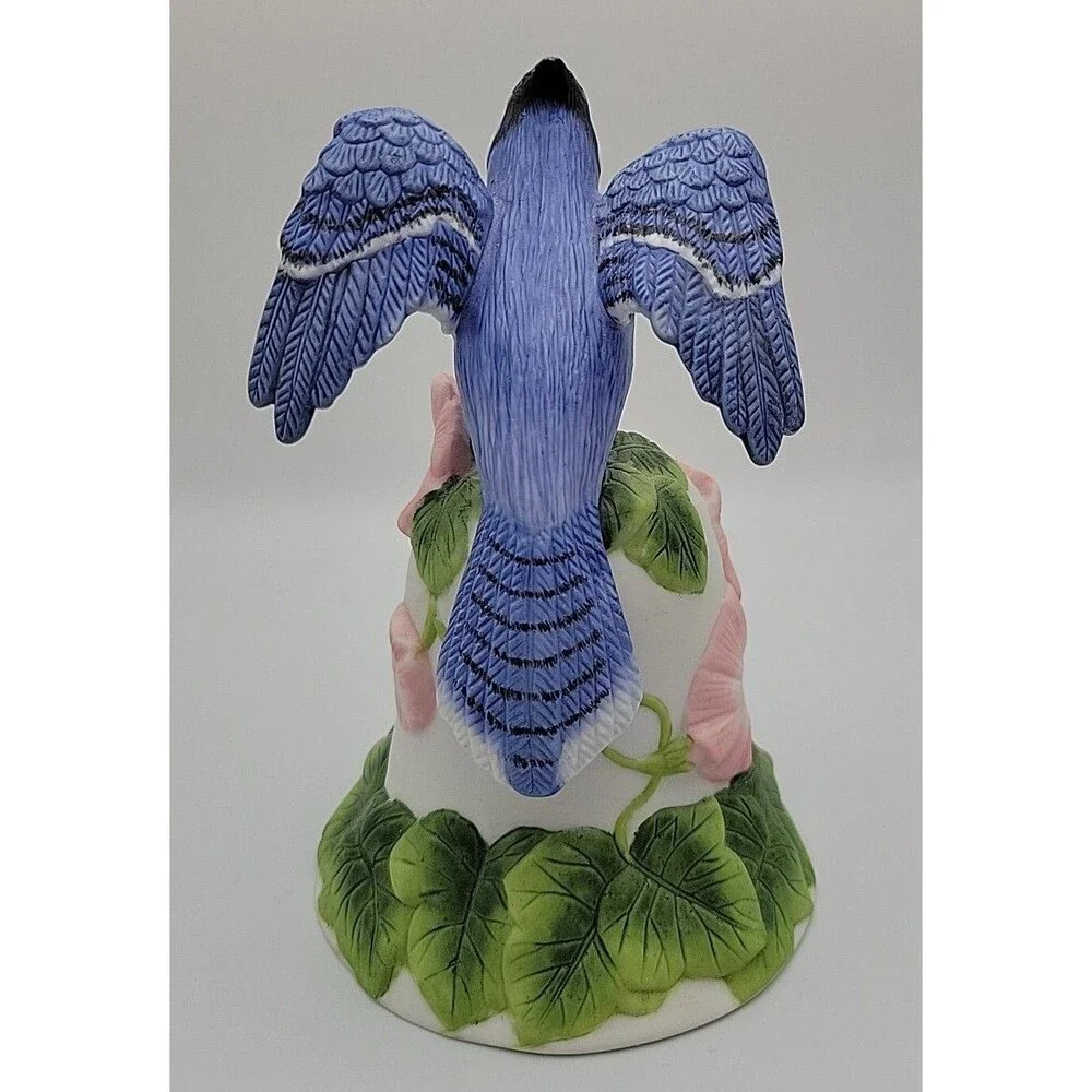 Vintage AVON Ceramic Porcelain Blue Jay & Flowers Bell 2001 EUC